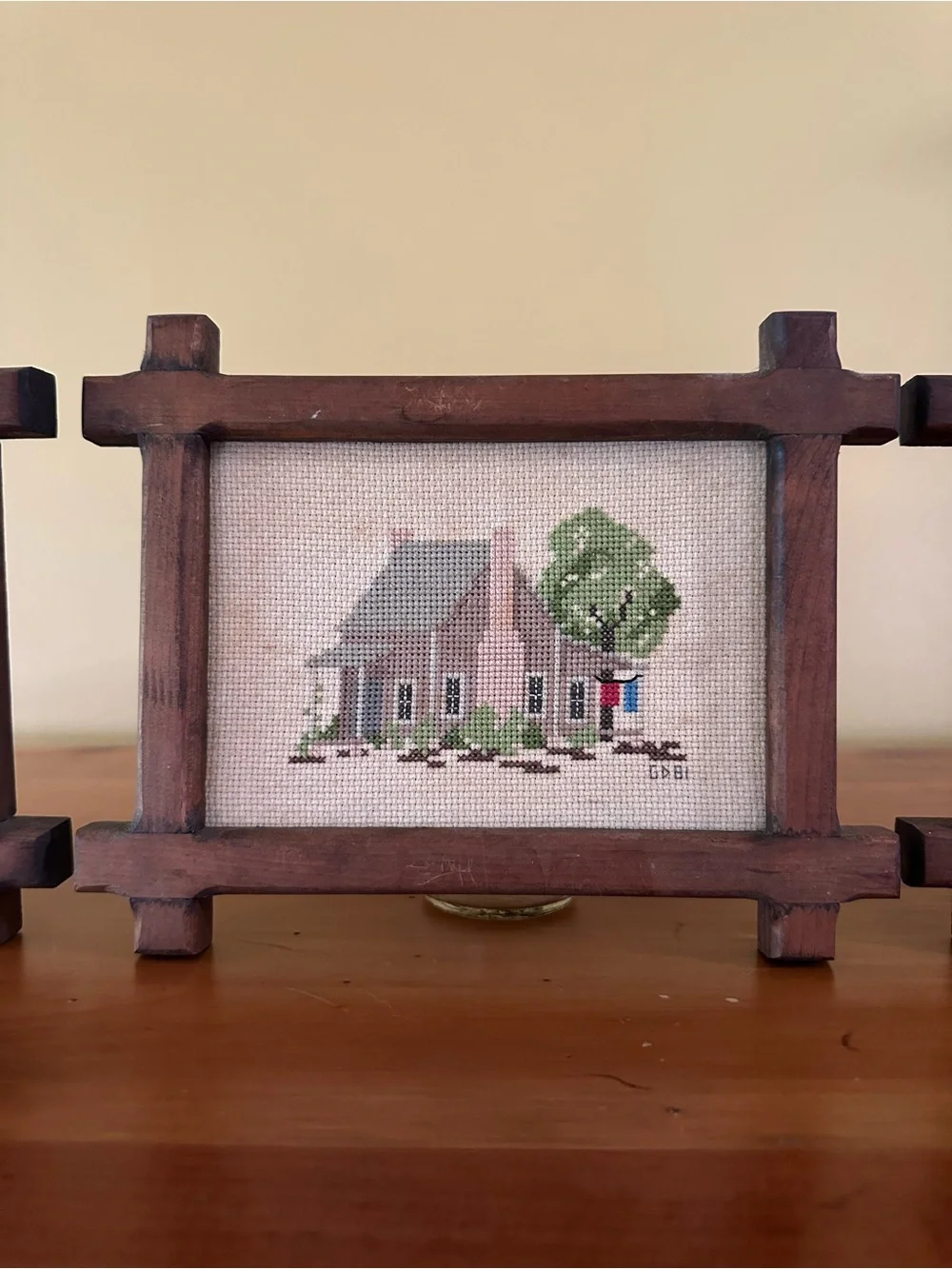 Handcrafted Amish Rustic Brown Wooden Frame Cross Stitch Wall Art
